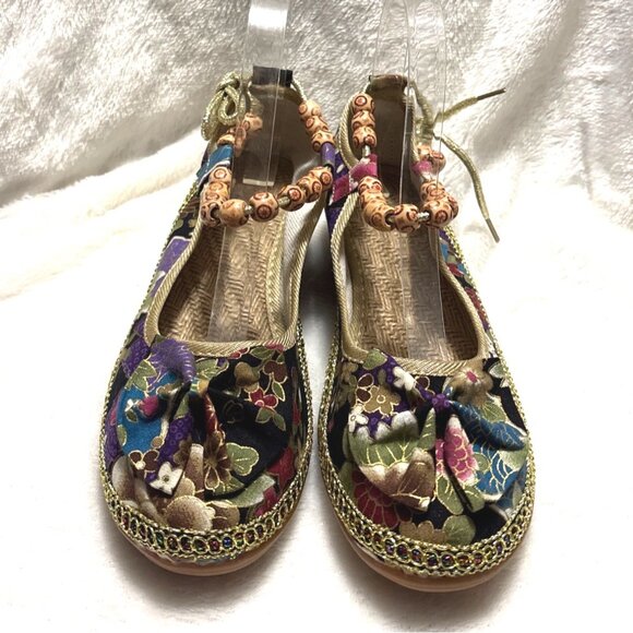 NEWFloral Embroidered Ballet Flats With Beaded Ankle Strap Accents & Bow Details - Picture 3 of 6